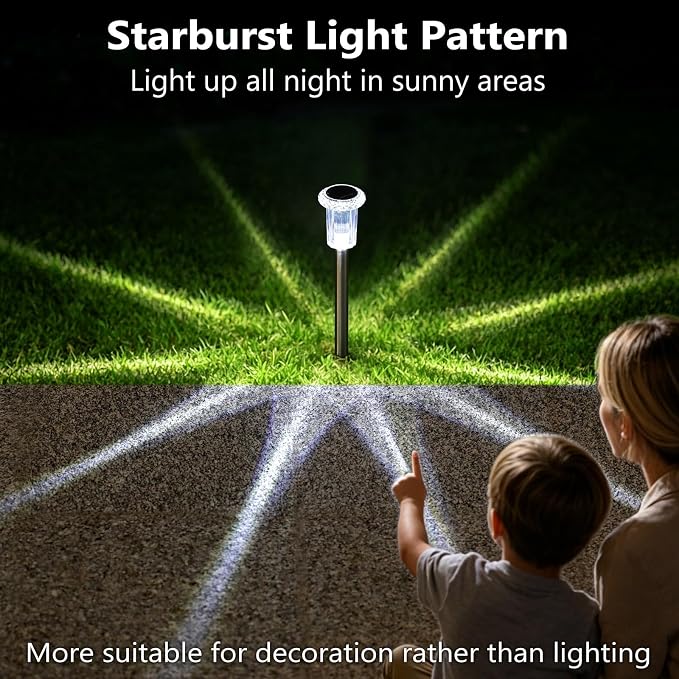 DenicMic Solar Pathway Lights Outdoor Waterproof 6000K Cold White LED Decor | Yard Garden Driveway Walkway Landscape Path Lights Diamond-like Style Starburst Light Pattern, Acrylic/Stainless Steel 15Pack