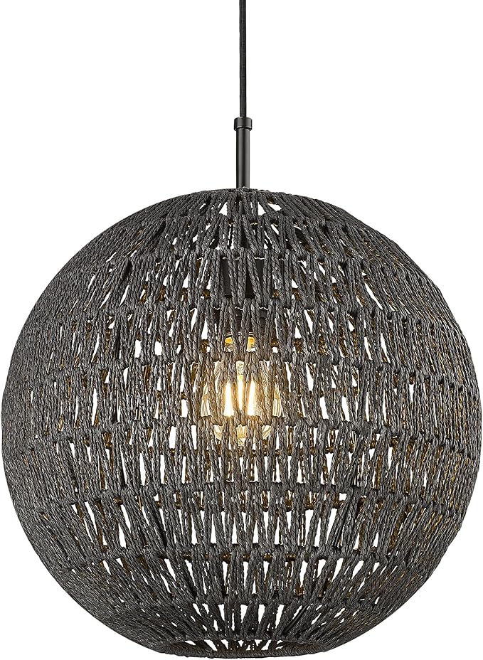 ELYONA Modern Woven Chandelier, 14" Large Boho Rattan Pendant Light Fixtures, Adjustable Globe Wicker Hanging Light for Dining Room Living Room Kitchen Island Farmhouse Foyer Bedroom Hallway, Black