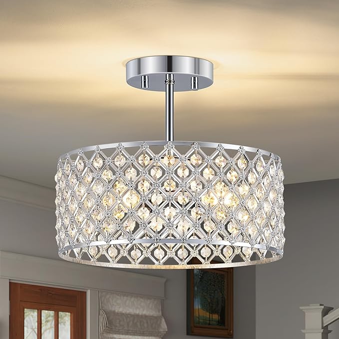 Chrome Crystal Ceiling Light Fixture,Modern Semi Flush Mount Ceiling Lighting Fixture,Round Small Chandelier for Dining Room, Hallway, Entryway, Kitchen, Bedroom,Foyer,3 Light,12 inch