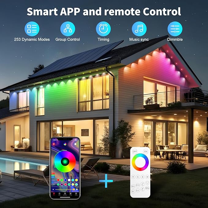 Permanent Outdoor Lights RGB Smart IC 200FT/100LEDs Decor IP68 Waterproof Music Sync with Remote&APP Control Suitable for Holiday Decoration Christmas Lights Garden Party Decor Deck