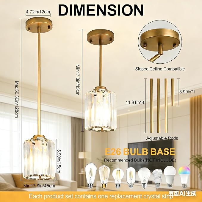 Pendant Lights Kitchen Island 3 Pack, Adjustable High Bronze Modern Crystal Mini Chandelier Ceiling Hanging Pendant Light Fixtures for Kitchen Hallway Dining Room Bedroom