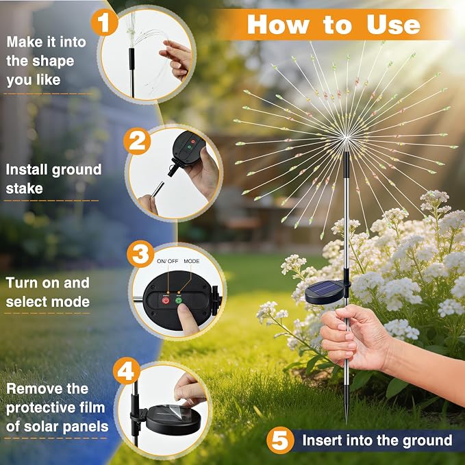 btfarm 4 Pack Solar Garden Lights Outdoor 8 Modes, 120 LED Firework Lights Solar Powered, Waterproof Twinkle Fairy Light Outside for Yard Pathway Lawn Pool Patio Christmas Decorative, Multicolor