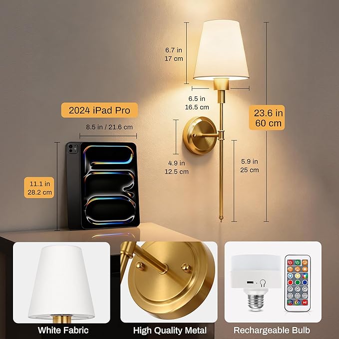 DORESshop Battery Operated Wall Sconce Set of 2, Wireless Wall Light Easy to Install, 15 Color Rechargeable Wall Sconces, Sconce Wall Decor Set of 2 for Bedroom, Living Room, Gold, 24.6in
