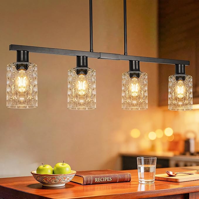 4-Light Kitchen Island Lighting Black Dining Room Light Fixture with Hammered Glass Shade 31" Modern Linear Chandelier Adjustable Hanging Pendant Lighting Over Island Dining Table Living Room