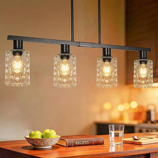 4-Light Kitchen Island Lighting Black Dining Room Light Fixture with Hammered Glass Shade 31" Modern Linear Chandelier Adjustable Hanging Pendant Lighting Over Island Dining Table Living Room