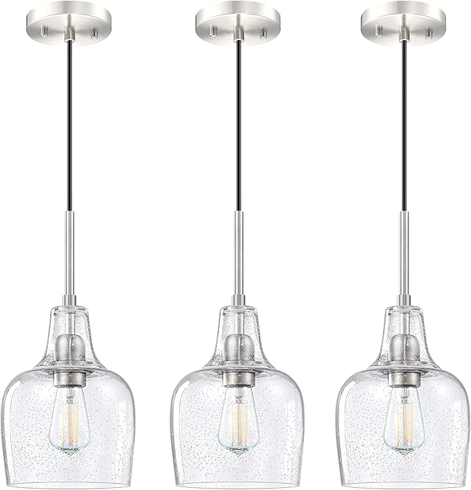 3 Pack 1 Light Indoor Hanging Kitchen Island Pendant Ceiling Light 6.1" Clear Seeded Glass Fixture,Brushed Nickel Finish for Farmhouse Over Sink Bedroom Hallway