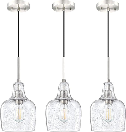 3 Pack 1 Light Indoor Hanging Kitchen Island Pendant Ceiling Light 6.1" Clear Seeded Glass Fixture,Brushed Nickel Finish for Farmhouse Over Sink Bedroom Hallway