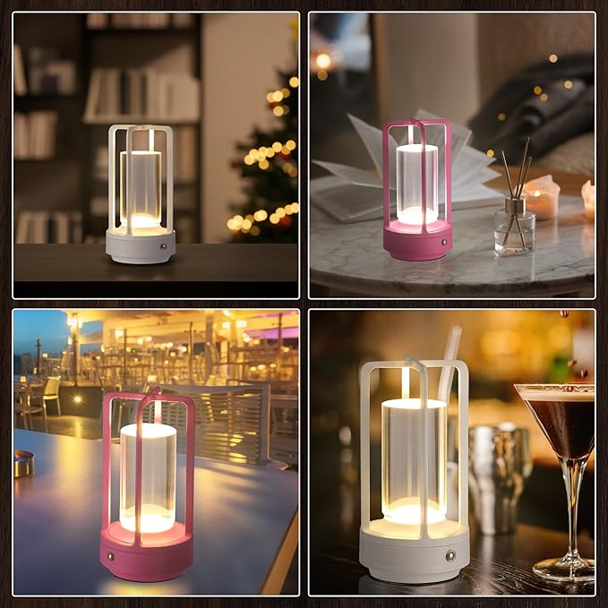 Portable Metal Table Lamp, Cordless Table Lamp, Rechargeable Battery Powered Portable LED Desk Lamp, 3 Color Stepless Dimming Touch, for Bedroom Restaurant Home Outdoor (Pink)