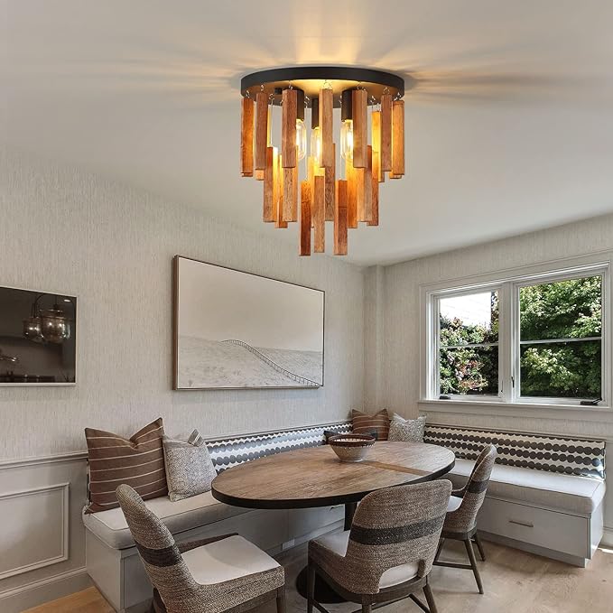 3-Light Semi Flush Mount Ceiling Lights Boho Wood Light Fixture Farmhouse Chandelier Oak and Black Ceiling Lighting with E26 for Kitchen Living Room Entryway Bedroom Dining Room