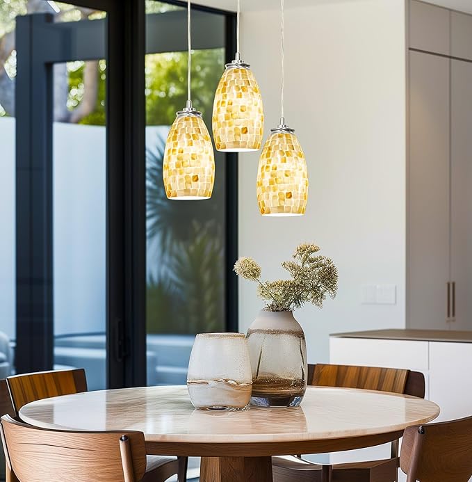 Kira Home Coast 9" Modern Oval Mini Pendant Light + Hand-Crafted Mosaic Sea Shell Glass, Brushed Nickel Finish/Neutral Color