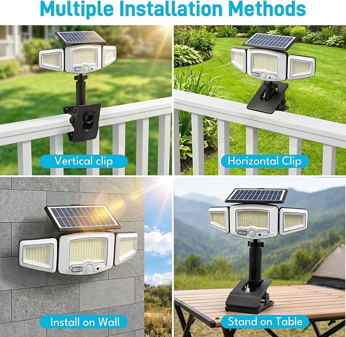 Solar Flood Lights Outdoor, 231 LEDs Clip-on Motion Sensor Lights 2000LM , 3 Heads Security Light with 360° Wide Angle,IP65 Waterproof Flood Wall Light with 3 Modes for Backyard,Patio,Garage(1 PACK)