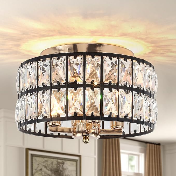 Black Gold Crystal Ceiling Light, 4-Light 11.2 Inch Modern Flush Mount Chandelier, Crystal Flush Mount Ceiling Light Fixture for Bedroom, Kitchen, Living Room, Dining Room, Hallway, Entryway