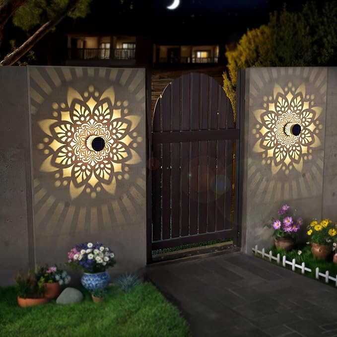 4 Pack Solar Fence Lights Metal Solar Powered Outdoor Wall Deck Step Lights Mandala Theme Waterproof Fence Light for Garden Post Patio Backyard Yard Decor, Gardening Gifts for Women Mom Grandma