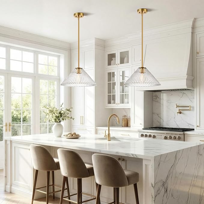 15.7 Inch Modern Pendant Lights, Ribbed Clear Glass 1-Light Single Pendant Lighting Fixtures, Cone Minimalist Ceiling Hanging Light for Kitchen Island Dining Room Over Sink Table Hallway