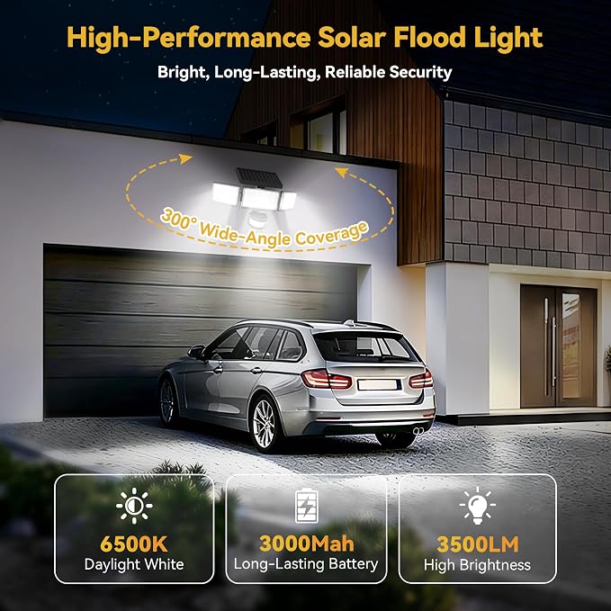 Solar Lights Outdoor, 3500LM 168 LED Motion Sensor Solar Flood Lights, 3 Heads 300° Wide Angle, 3 Modes IP65 Waterproof Solar Security Lights for Yard Garden Patio, 4 Pack (Black)