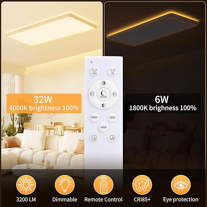 MOONSEA 23 Inch LED Flush Mount Ceiling Light with Remote Control 3200LM, 32W + 6W Backlight Rectangle Surface Mount Ceiling Light, for Bedroom, Kids Room, Party, White