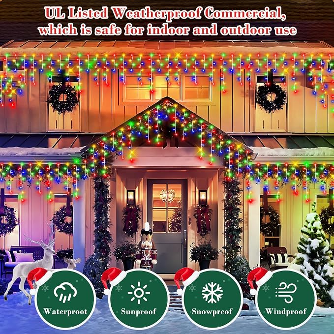 XURISEN 132ft Christmas Lights Decorations Outdoor, 1280 LED 8 Modes Fairy Lights with 240 Drops,Plug in Waterproof Timer Memory Function for Christmas Holiday Wedding Party Decorations(Multicolor)