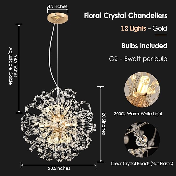 Modern Firework Chandelier, 12-Light Crystal Dandelion Chandeliers for Living Room, Gold Sputnik Chandelier Steel Pendant Lights for Bedroom, Dining Room, Kitchen, Restaurant