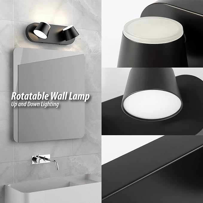 URSOLA 2 Light Bathroom Vanity Light, LED Black Wall Light Fixtures, Up and Down Rotatable Dimmable, 13 inch Bathroom Lighting Fixtures Over Mirror