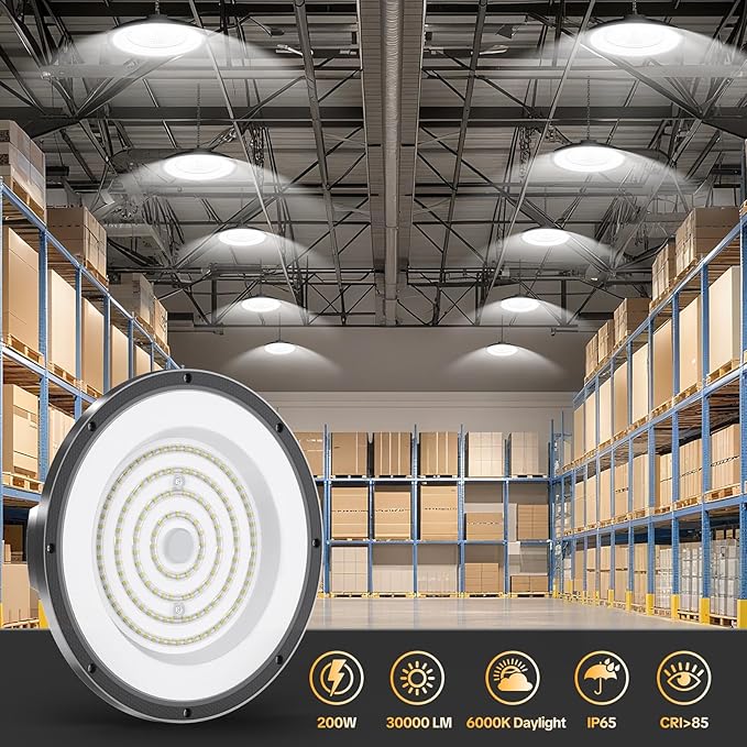 AIKVSXER LED High Bay Light UFO Shop Light 200W 30000LM 6000K Daylight Super Bright IP65 Waterproof for Warehouse Garage Barn Factory Workshop 5FT Cord with US Plug 10 Pack