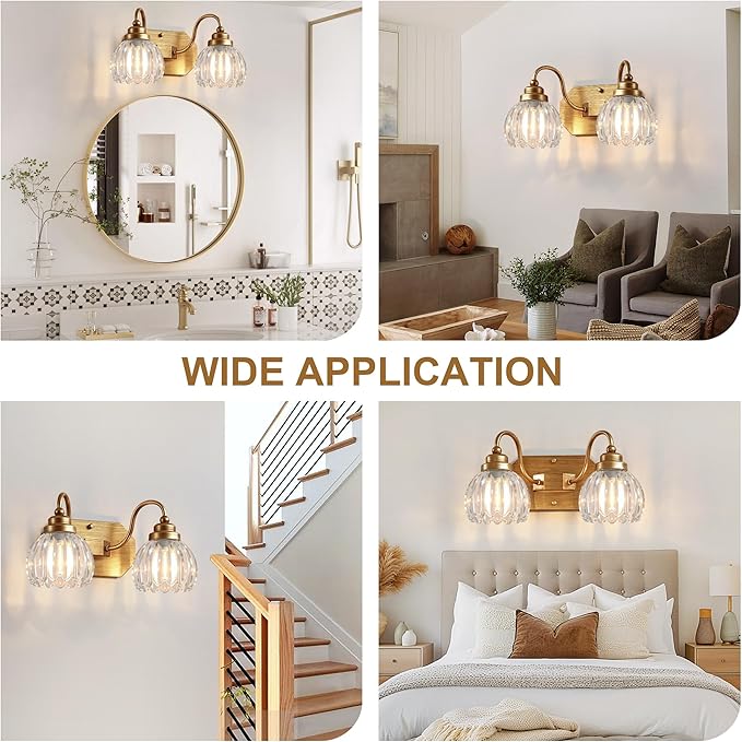 Gold Vanity Light, Vintage Bathroom Light Fixtures, 2-Light Matte Antique Brass Finish with Crystal Glass Shade, Mid Century Style Wall Sconces for Bedroom, Living Room