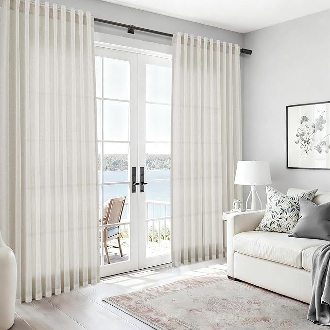 Nanspring Mousse White Linen Curtains for Living Room 108 Inches Long Simple Modern Light Filtering Semi Sheer Curtain Back Tab Coastal Decor Floor to Ceiling High Window for Bedroom 52x108, 2 Panels