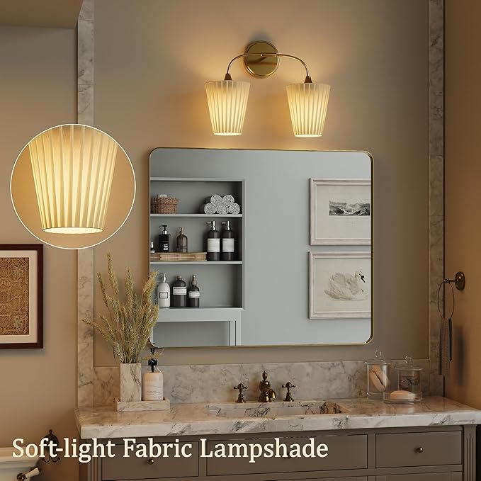 Bathroom Vanity Light with Fabric Shade, 2-Light Bathroom Vanity Light Over Mirror, Modern Light Fixtures for E26 Bulb, Flared Wall Lights for Bedroom, Hallway, Entryway, Powder Room (Gold)