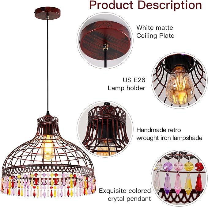 16-inch Wrought Iron Tiffany-Style Chandelier, Industrial Retro Wine-red Wrought Iron Lighting Fixture, Suitable for Kitchen Island, Game Room, Dining Room, bar Counter