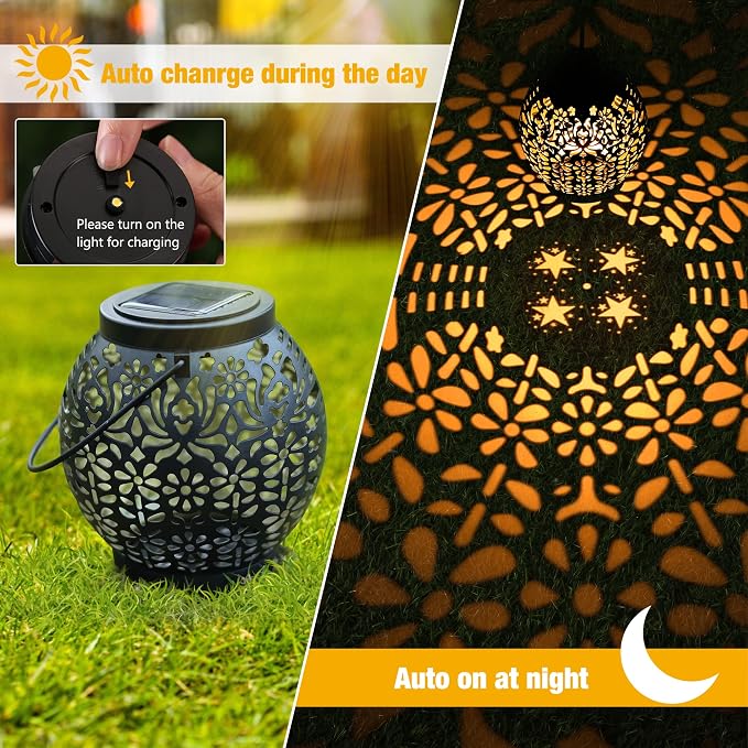 ODEETRONIC 2 Pack Warm White Outdoor Hanging Solar Garden Lanterns with Star Projection, Retro Hollowed-Out LED Lights, Waterproof for Yard Patio Lawn Porch Pathway Garden