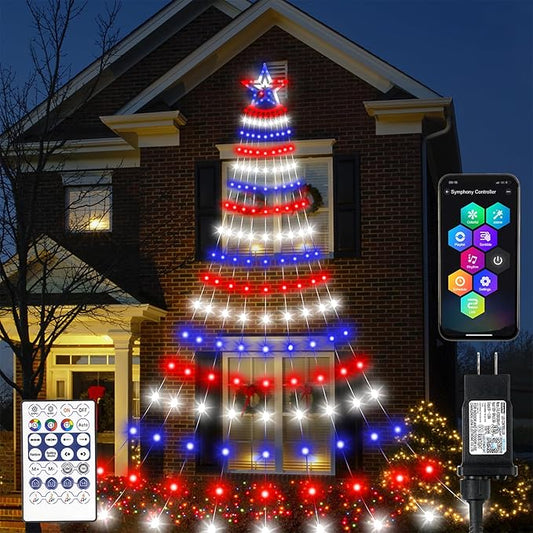 Smart 4th of July Decorations Lights, 18ft 521LED Large DIY Red White Blue Waterfall Tree Lights with Remote Timer Color Changing Light Music Sync APP Control for Garden Yard Patriotic Decor