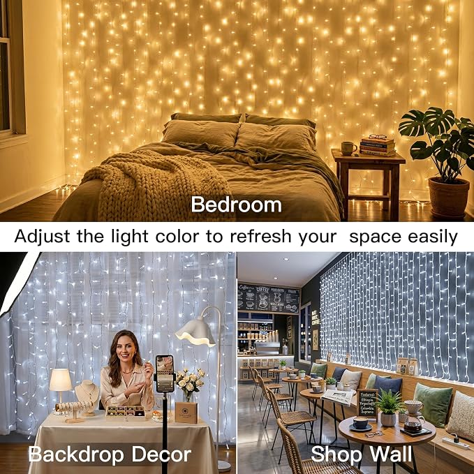 suddus Curtain Lights Outdoor, 450 LED Curtain Lights for Bedroom, Window, Wall, Wedding, Party,Warm White & White