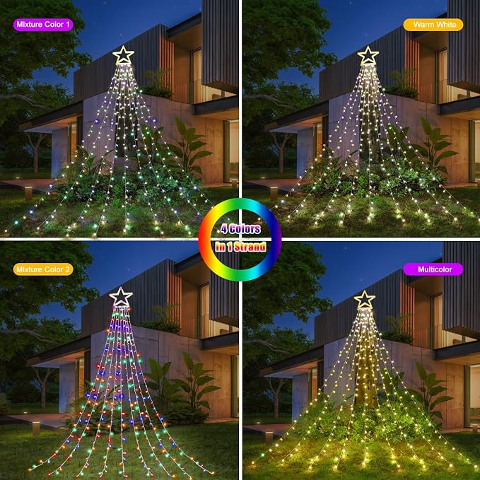 DANLI Outdoor Christmas Decoration Star String Lights,320 LED 16.4ft Christmas Lights Waterfall Tree Lights with 13" Topper Star,Plug-in Hanging Fairy Lights for Xmas New Year Holiday Party