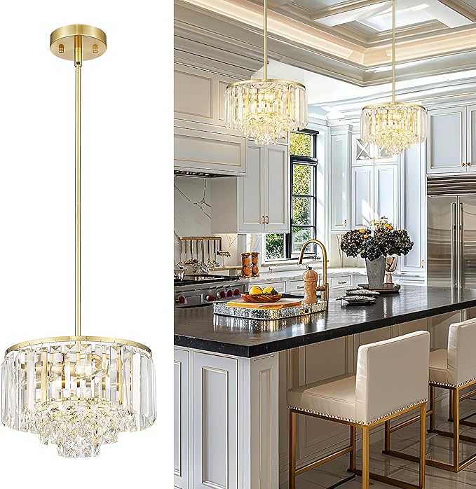 Polished Gold Chandelier, 4-Tier Crystal Pendant Light fixtures, Vintage Hanging Light, Chandeliers for Dining Room Kitchen Island Bedroom Entryway, CC4215-3W-PG