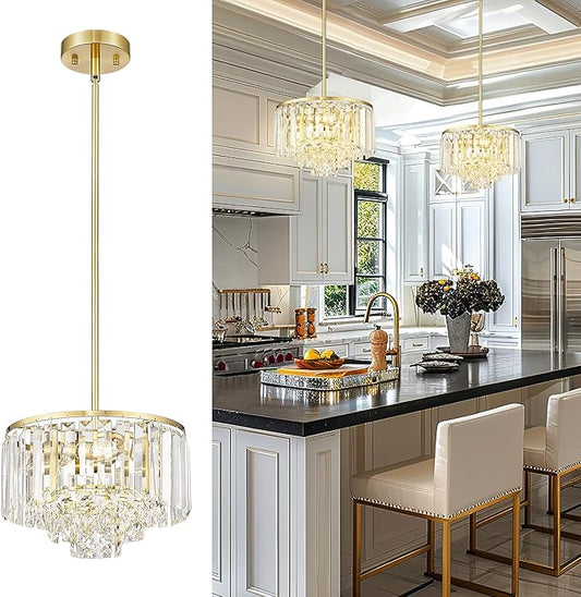 Polished Gold Chandelier, 4-Tier Crystal Pendant Light fixtures, Vintage Hanging Light, Chandeliers for Dining Room Kitchen Island Bedroom Entryway, CC4215-3W-PG