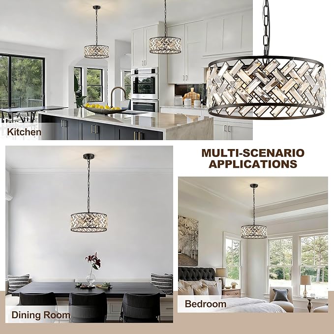 Black Crystal Chandelier, 4-Light Morden Dining Room Light Fixture,15.16" Round Semi Flush Mount Chandeliers for Kitchen Foryer Entryway Hallway Living Room Bedroom (ETL Listed)