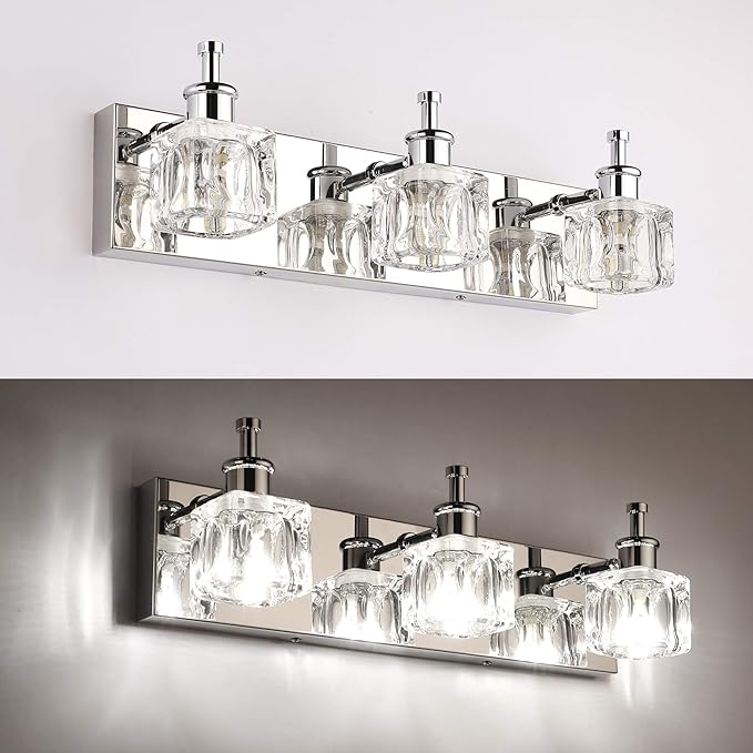 PRESDE Modern 3-Light Bathroom Vanity Lights Crystal Chrome Bathroom Lights Fixture Over Mirror LED Bath Wall Lighting