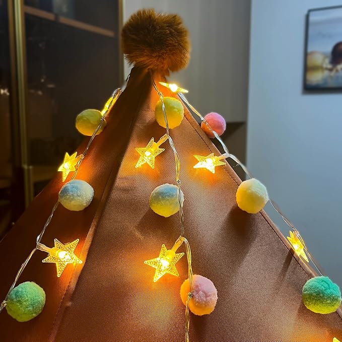 ChiRee Indoor String Lights 6.56 Feet Pom Poms Star Lights 20 LED Battery Operated String Fairy Lights Warm White Star Lights Colorful Decor Lights for Home Bedroom Kids Playhouse Holiday Christmas
