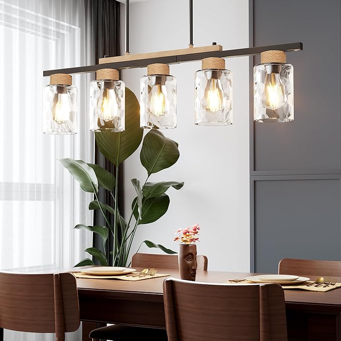 Island Light, Up-Grade Thickened Clear Glass 5-Light Dining Room Light Fixture with Adjustable Height, Farmhouse Linear Chandelier Over Table Kitchen Black Rustic Wood Ceiling Pendant Light Fixtures