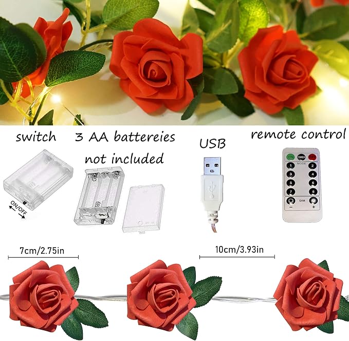 Rose Vine Lights with Remote, Battery or USB Operated Artificial Flower Garland, Hanging Fairy Lights for Bedroom Headboard, Valentine‘s Day, Wedding, Romantic Party Décor (Red, 6.6)
