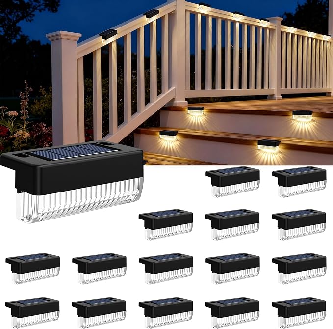 Solar Deck Lights Outdoor 16 Packs, Solar Powered LED Step Lights Waterproof Outdoor for Deck, Step, Fence, Wall, Patio, Yard, Pool, Pathway and Stairs (Warm White)