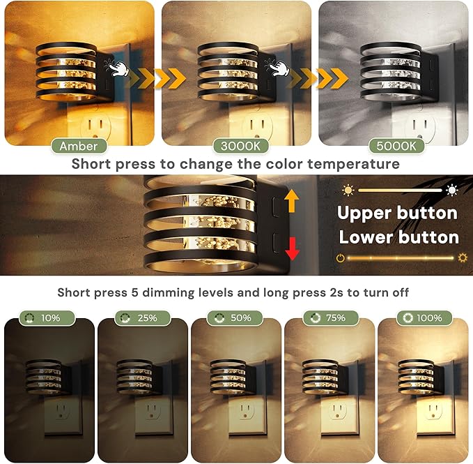 L LOHAS LED Night Lights Plug into Wall, 2 Pack 3CCT Night Light with Dusk to Dawn Sensor, Amber/3000K/5000K Color Changing Night-Lights, Adjustable Brightness, for Hallway Bedroom Home Decor