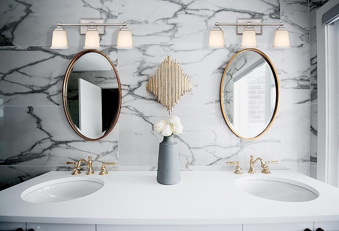 Tawson Nox Vintage 3-Light Vanity Light Modern Wall Sconce Lighting Brushed Nickel with White Glass Shade for Bathroom, Hallway, Entryway, Kitchen, Mirror, Laundry Room