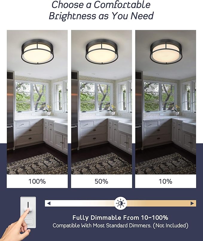 Flush Mount LED Ceiling Light Fixture, 12 Inch 24W 950Lumen Round Ceiling Light Fixtures, Dimmable 3000K Warm White, Black, Frosted Glass Shade, Close to Ceiling Lights for Hallway,6871LFM-BK