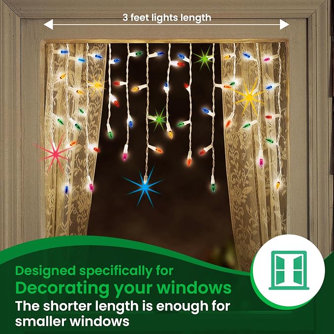 Christmas LED Twinkle Window Icicle Lights - 3 Feet (0.91 m) - 8 of 50 Bulbs Twinkle Random - 50 LED Multicolor Bulbs - Indoor Outdoor - Twinkling Icicle Christmas Lights
