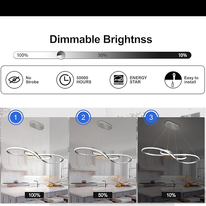 Modern Led Pendant Light, Dimmable Silver LED Chandelier for Dining Room Light Fixture Over Table Modern Kitchen Island Lighting, Height Adjustable Ceiling Light