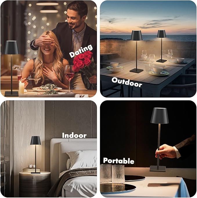 4-Pack LED Rechargeable Table Lamp, Battery Desk lamp 3W 5000mAh Battery Operated Stepless Dimming Modern Portable Table Light for Restaurant/Dinner/Bedroom/Outdoor IP54 Waterproof (Black)