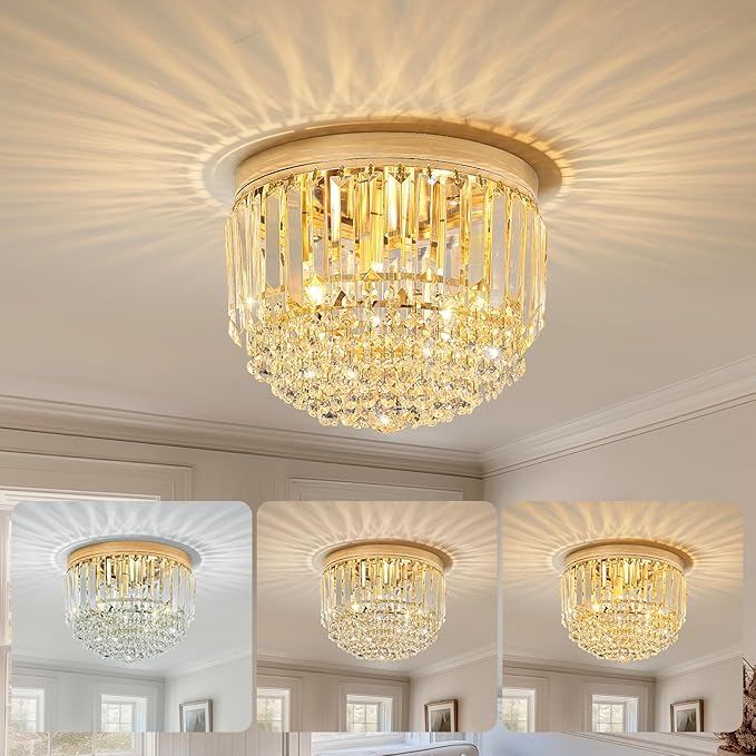 YMP&YZX Modern 3-Lights Crystal Chandelier French Gold,11.8" Semi Flush Mount Crystal Ceiling Light LED Round Chandelier Light E12 Base for Bedroom Living Room