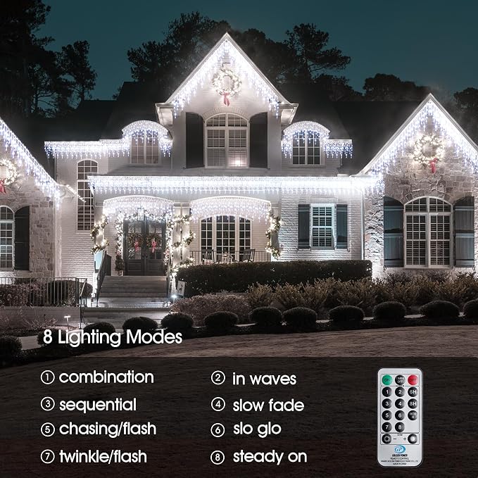 WBao Christmas Lights Outdoor, 432 LED 33FT Icicle Lights with 81 Drops, Remote Control, 3 Timer Settings, 8 Modes, Waterproof, Connectable Fairy Lights for Wedding, Holiday Eaves Decor, Cool White