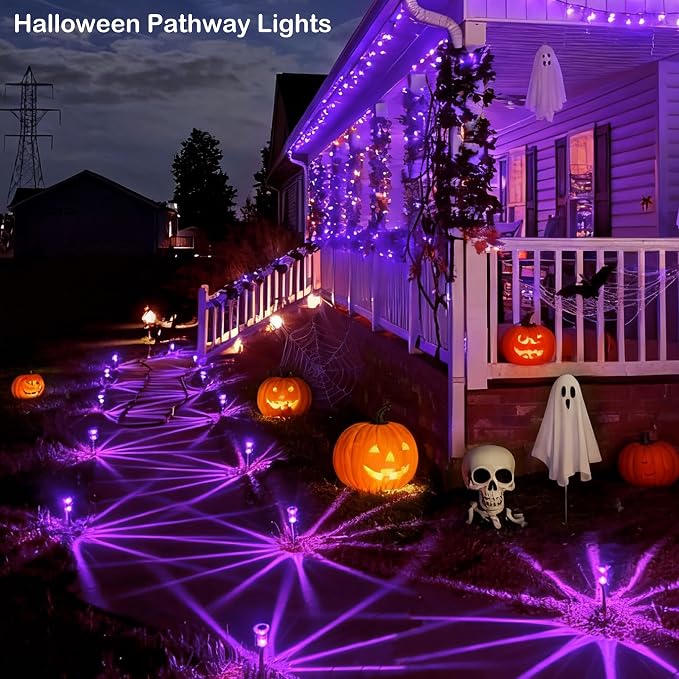 Halloween Solar Lights Outdoor 15 Pack Solar Pathway Lights Outdoor Halloween Decorations Waterproof Yard Lighting for Driveway Garden Walkway Path Landscape Lawn (Purple)