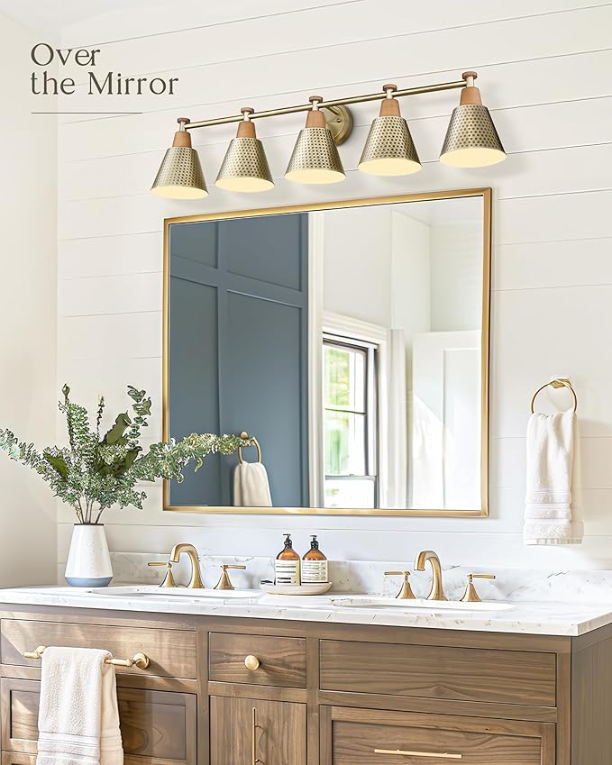 FEMILA Bathroom Light Fixtures, Modern Bathroom Vanity Light with Hammered Metal Shade, Sconces Wall Lighting for Mirror Kitchen Bedroom, Gold, 37"